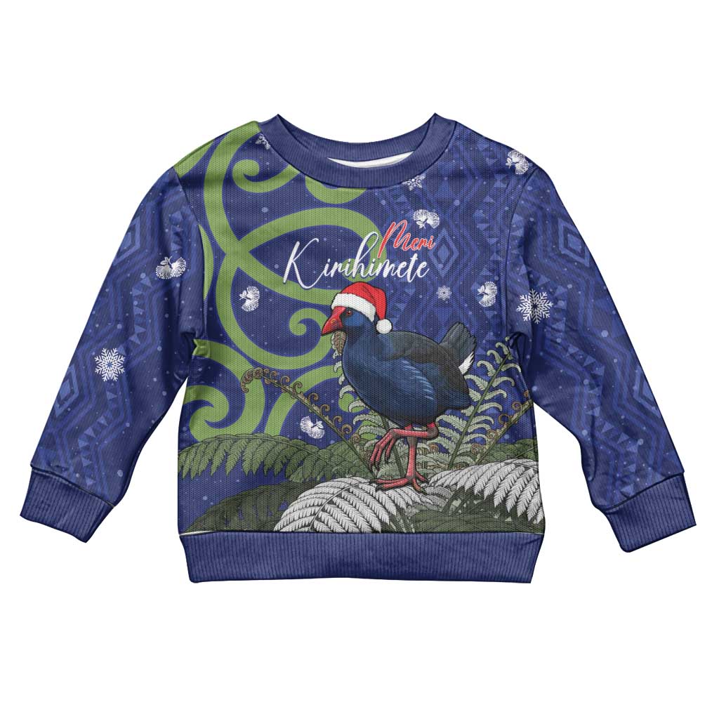 Personalized New Zealand Pukeko Christmas Kid Ugly Christmas Sweater Meri Kirihimete Taniko Ponga Koru Blue - Polynesian Pride