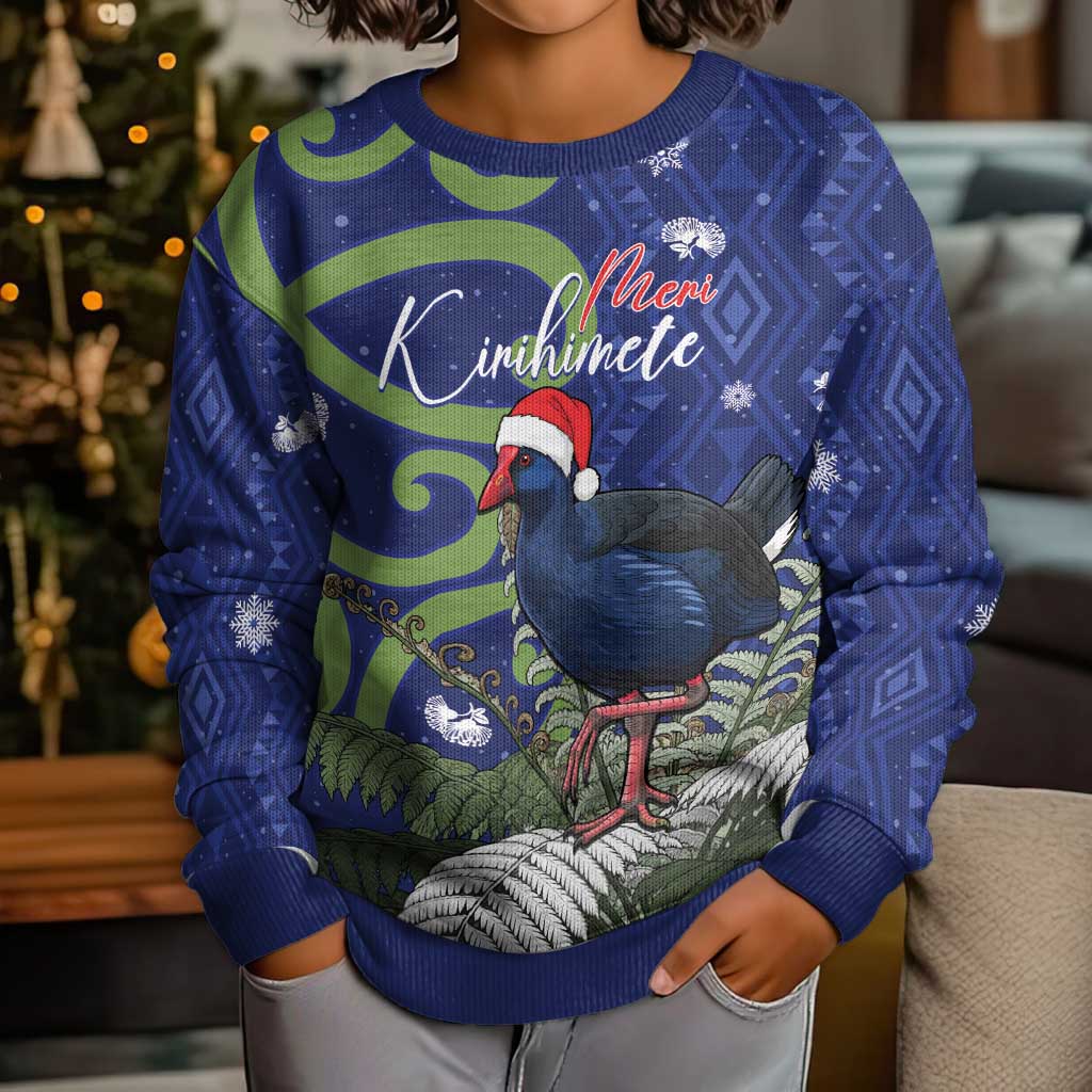 Personalized New Zealand Pukeko Christmas Kid Ugly Christmas Sweater Meri Kirihimete Taniko Ponga Koru Blue - Polynesian Pride