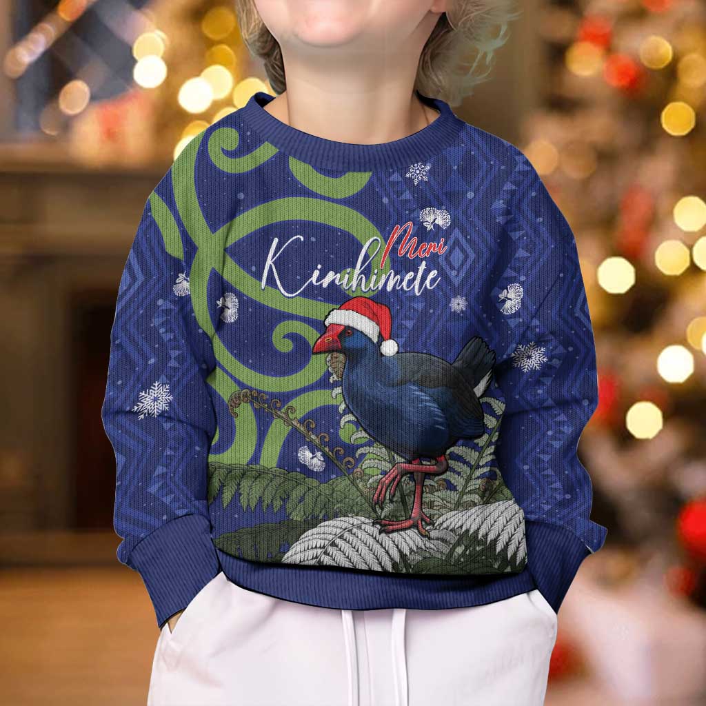Personalized New Zealand Pukeko Christmas Kid Ugly Christmas Sweater Meri Kirihimete Taniko Ponga Koru Blue - Polynesian Pride