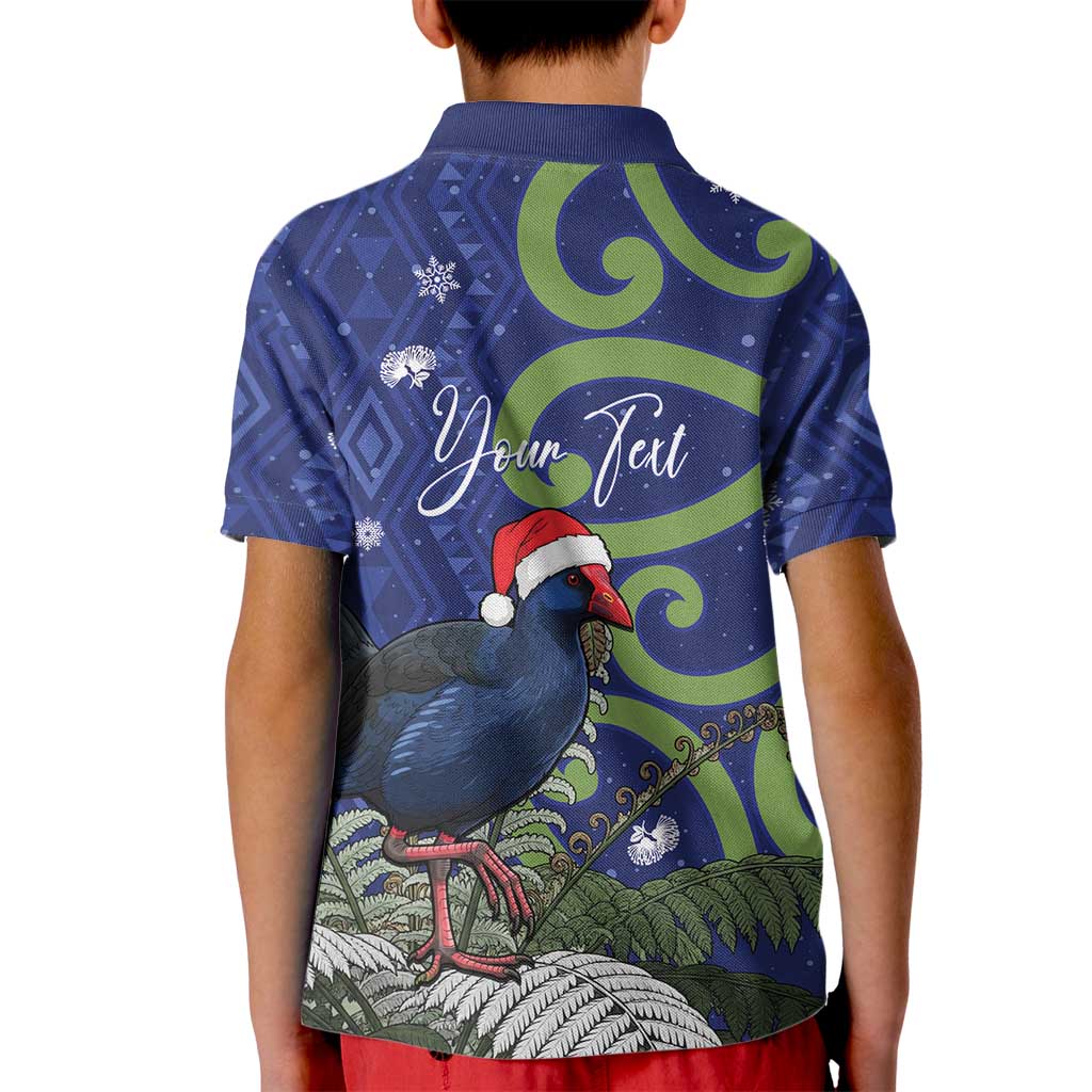Personalized New Zealand Pukeko Christmas Kid Polo Shirt Meri Kirihimete Taniko Ponga Koru Blue - Polynesian Pride