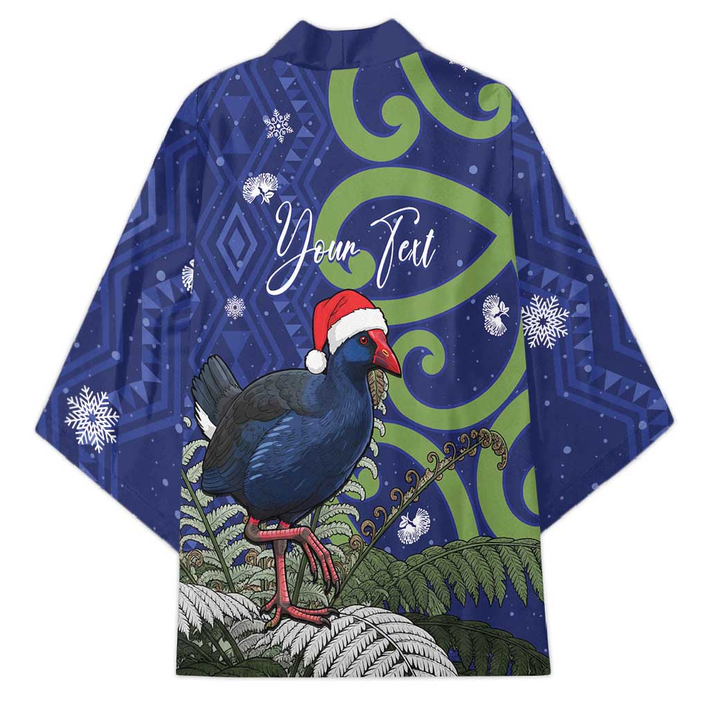 Personalized New Zealand Pukeko Christmas Kimono Meri Kirihimete Taniko Ponga Koru Blue - Polynesian Pride