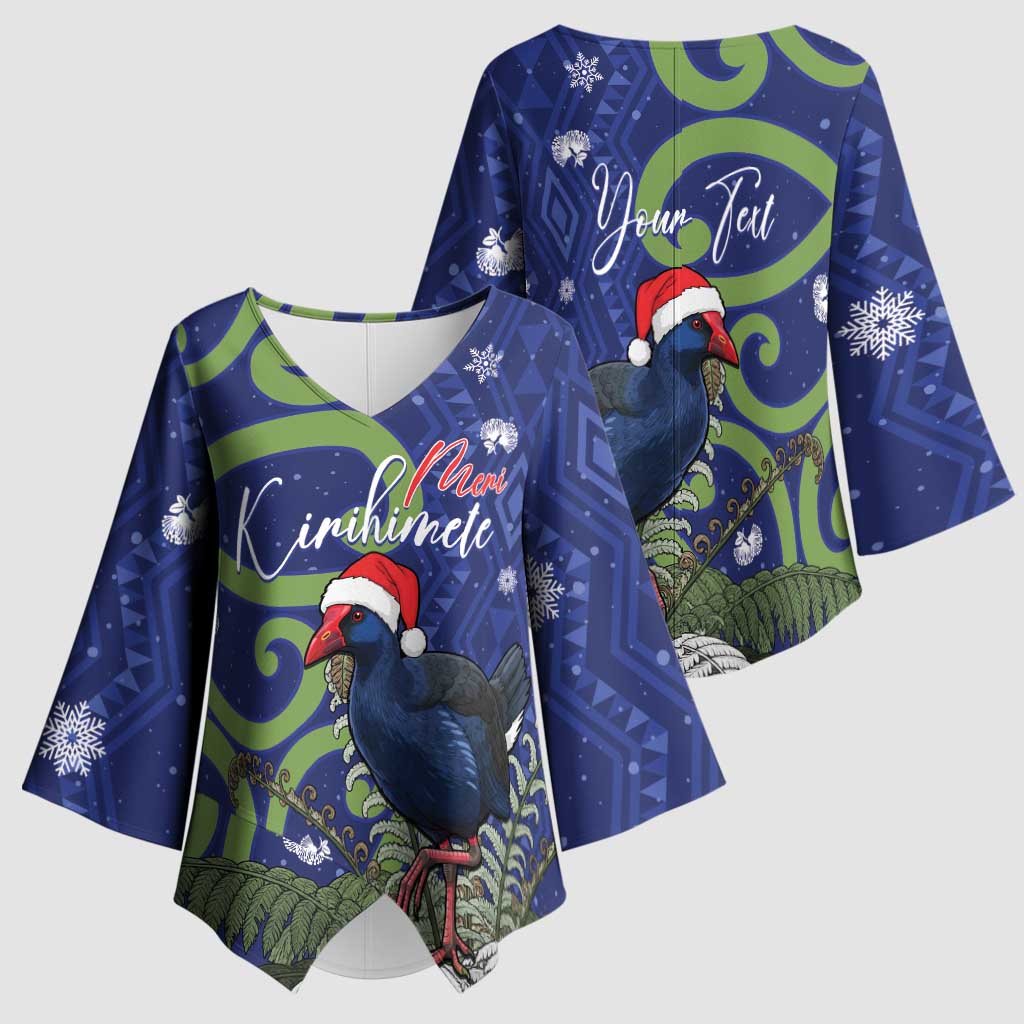 Personalized New Zealand Pukeko Christmas Kimono Sleeve Blouse Meri Kirihimete Taniko Ponga Koru Blue - Polynesian Pride