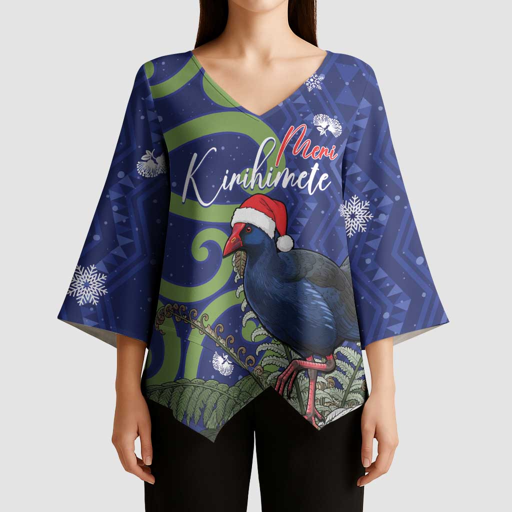 Personalized New Zealand Pukeko Christmas Kimono Sleeve Blouse Meri Kirihimete Taniko Ponga Koru Blue - Polynesian Pride