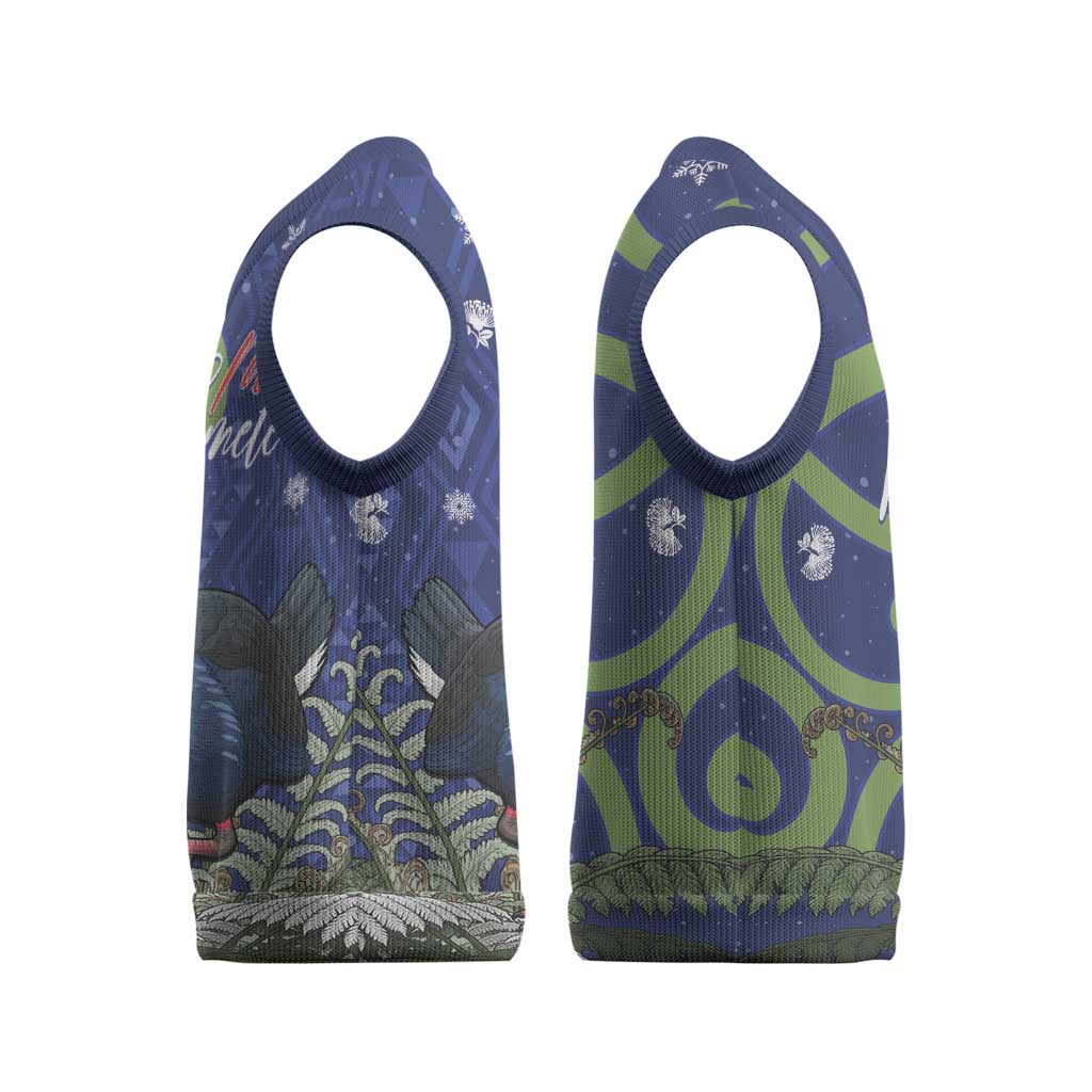 Personalized New Zealand Pukeko Christmas Knitted V-Neck Vest Meri Kirihimete Taniko Ponga Koru Blue - Polynesian Pride