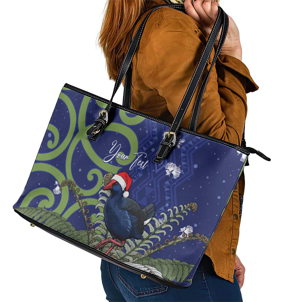 Personalized New Zealand Pukeko Christmas Leather Tote Bag Meri Kirihimete Taniko Ponga Koru Blue - Polynesian Pride