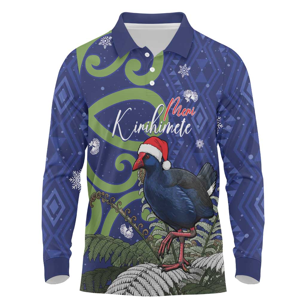 Personalized New Zealand Pukeko Christmas Long Sleeve Polo Shirt Meri Kirihimete Taniko Ponga Koru Blue - Polynesian Pride