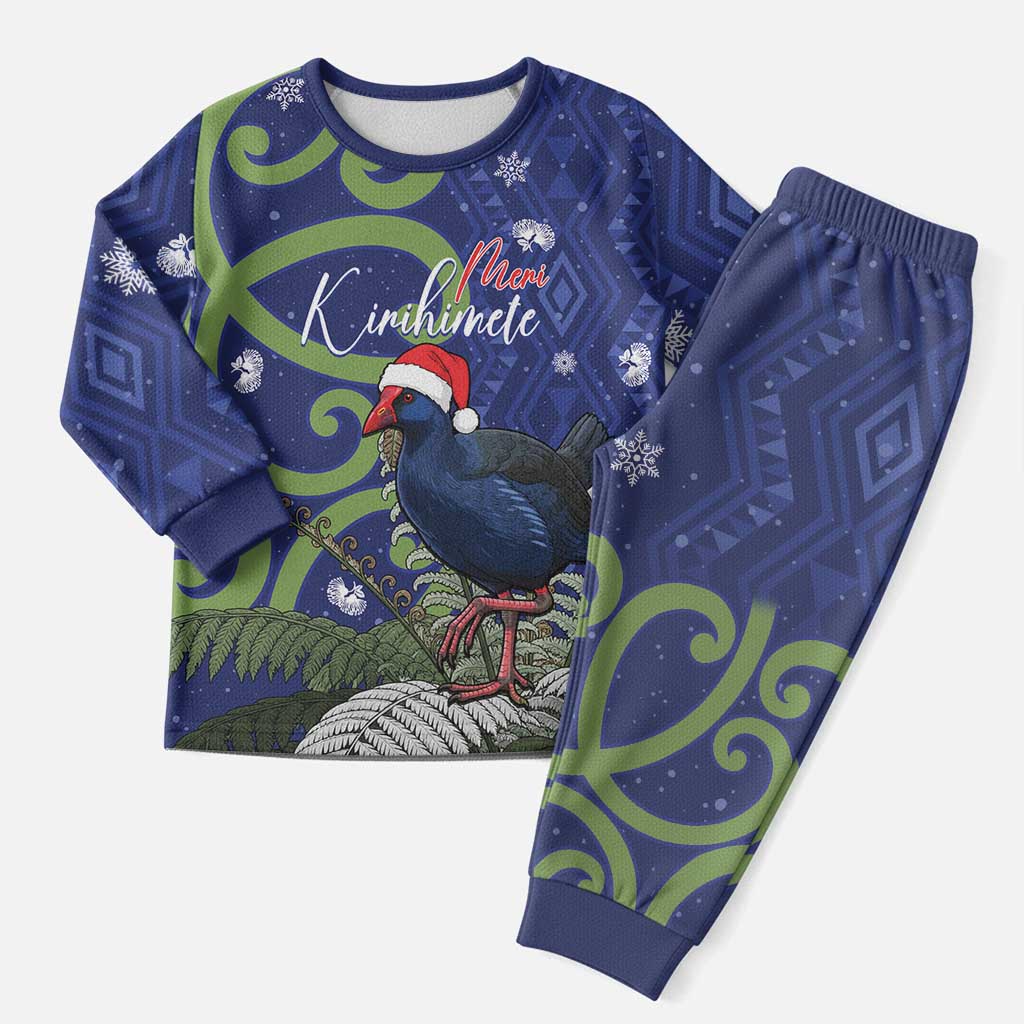 Personalized New Zealand Pukeko Christmas Pajama Set Meri Kirihimete Taniko Ponga Koru Blue - Polynesian Pride