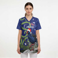Personalized New Zealand Pukeko Christmas Scrub Top Meri Kirihimete Taniko Ponga Koru Blue - Polynesian Pride
