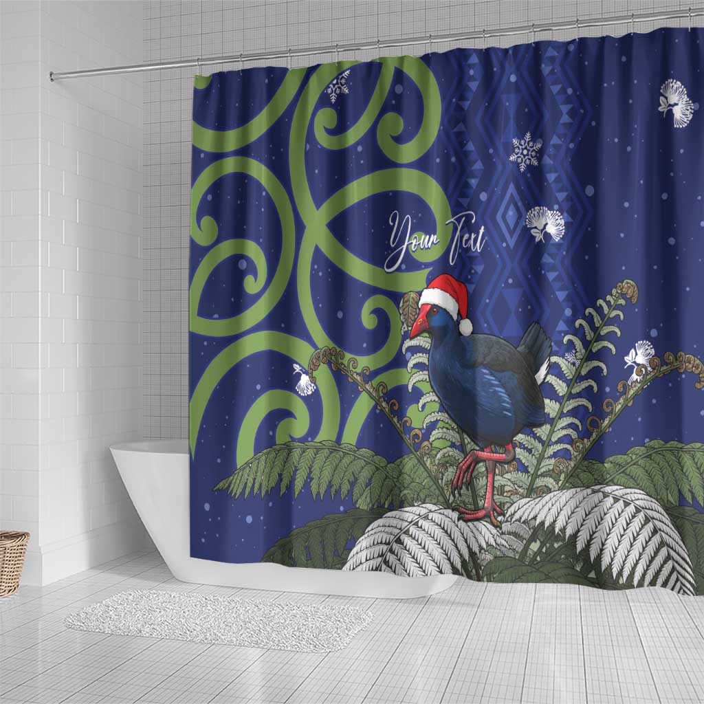 Personalized New Zealand Pukeko Christmas Shower Curtain Meri Kirihimete Taniko Ponga Koru Blue - Polynesian Pride