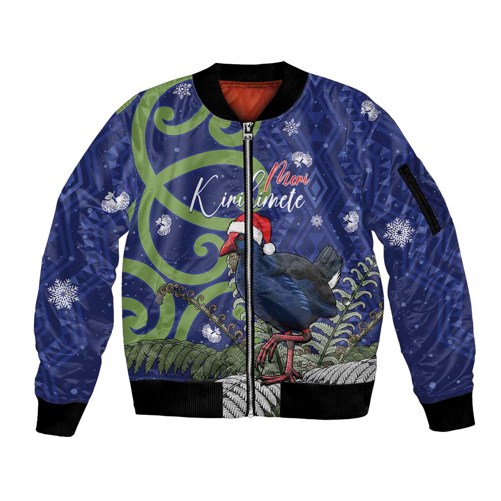 Personalized New Zealand Pukeko Christmas Sleeve Zip Bomber Jacket Meri Kirihimete Taniko Ponga Koru Blue - Polynesian Pride