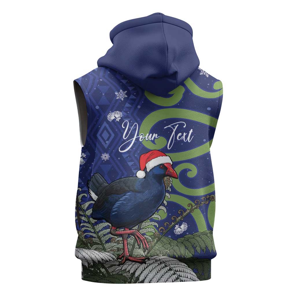 Personalized New Zealand Pukeko Christmas Sleeveless Hoodie Meri Kirihimete Taniko Ponga Koru Blue - Polynesian Pride