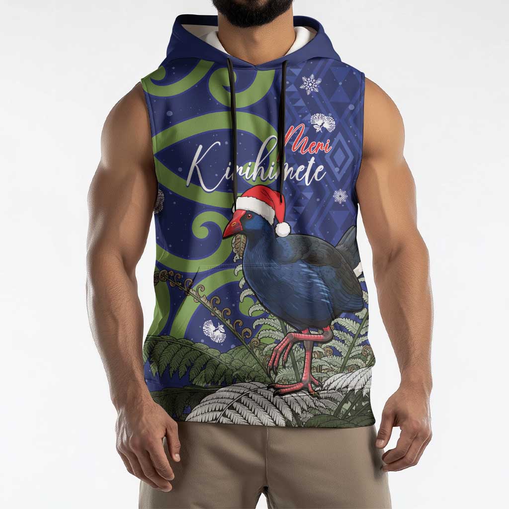 Personalized New Zealand Pukeko Christmas Sleeveless Hoodie Meri Kirihimete Taniko Ponga Koru Blue - Polynesian Pride