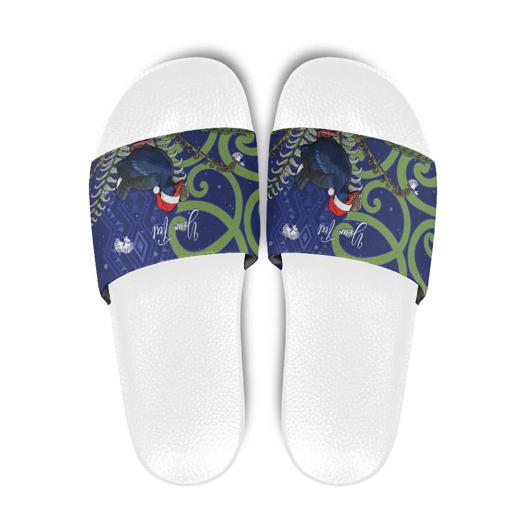 Personalized New Zealand Pukeko Christmas Slide Sandals Meri Kirihimete Taniko Ponga Koru Blue - Polynesian Pride