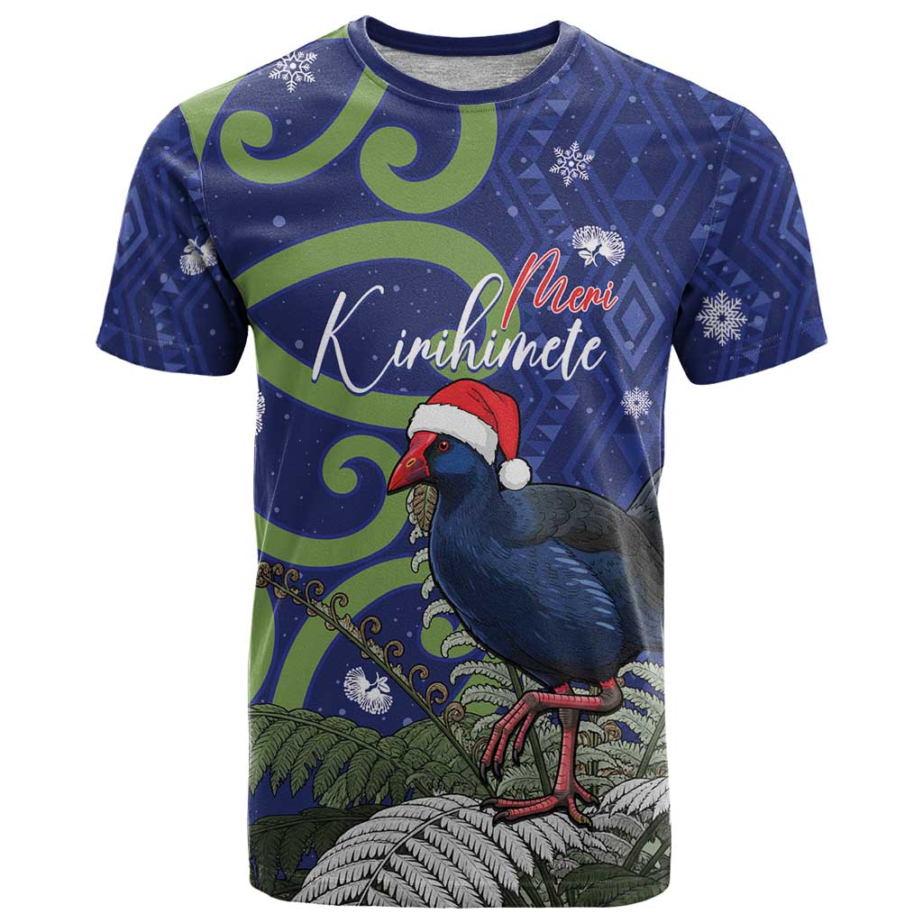 Personalized New Zealand Pukeko Christmas T Shirt Meri Kirihimete Taniko Ponga Koru Blue - Polynesian Pride