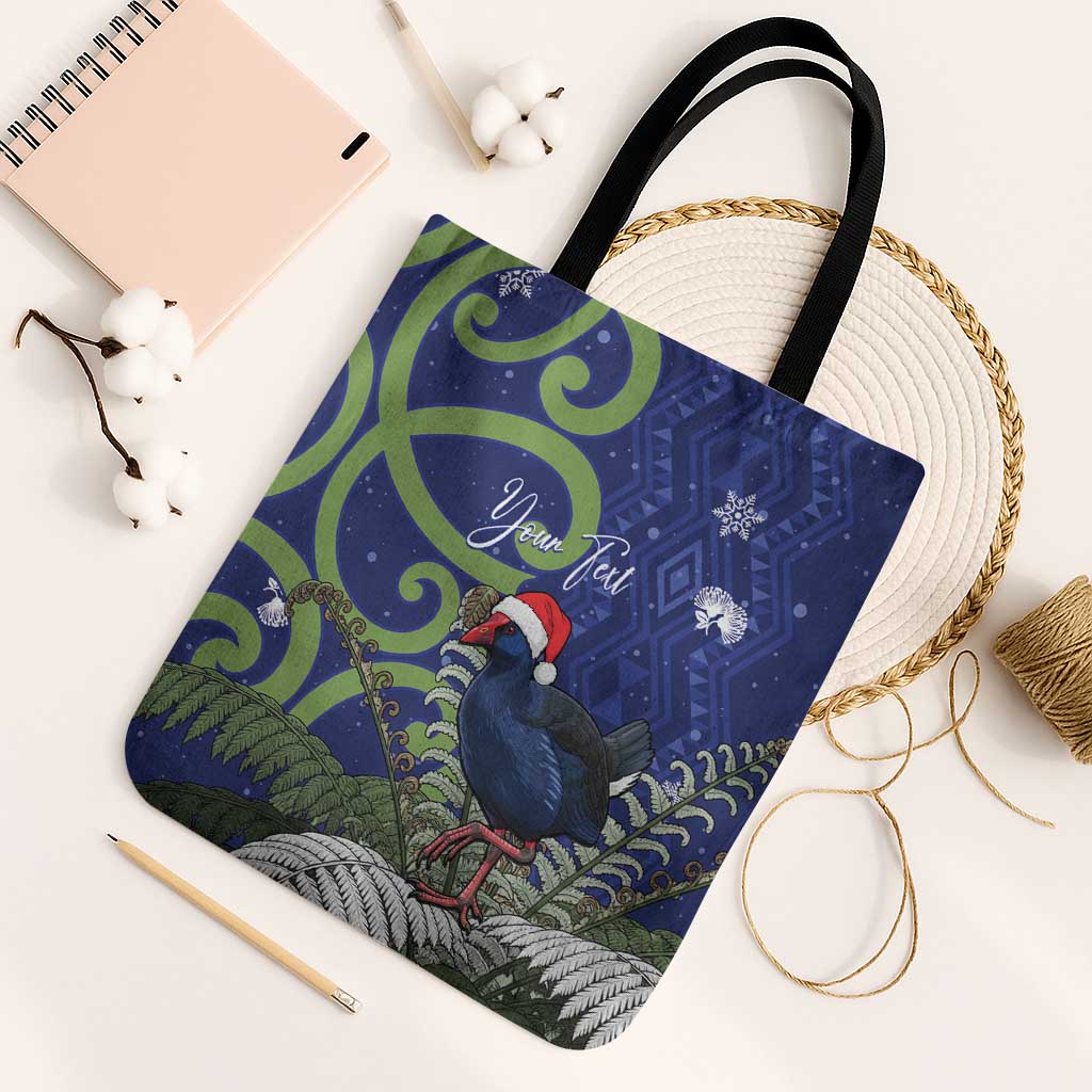 Personalized New Zealand Pukeko Christmas Tote Bag Meri Kirihimete Taniko Ponga Koru Blue - Polynesian Pride