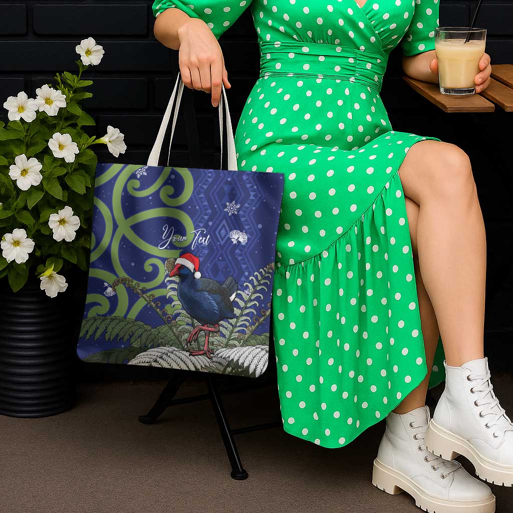Personalized New Zealand Pukeko Christmas Tote Bag Meri Kirihimete Taniko Ponga Koru Blue - Polynesian Pride