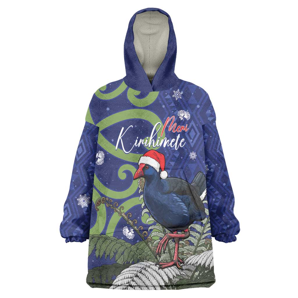 Personalized New Zealand Pukeko Christmas Wearable Blanket Hoodie Meri Kirihimete Taniko Ponga Koru Blue - Polynesian Pride