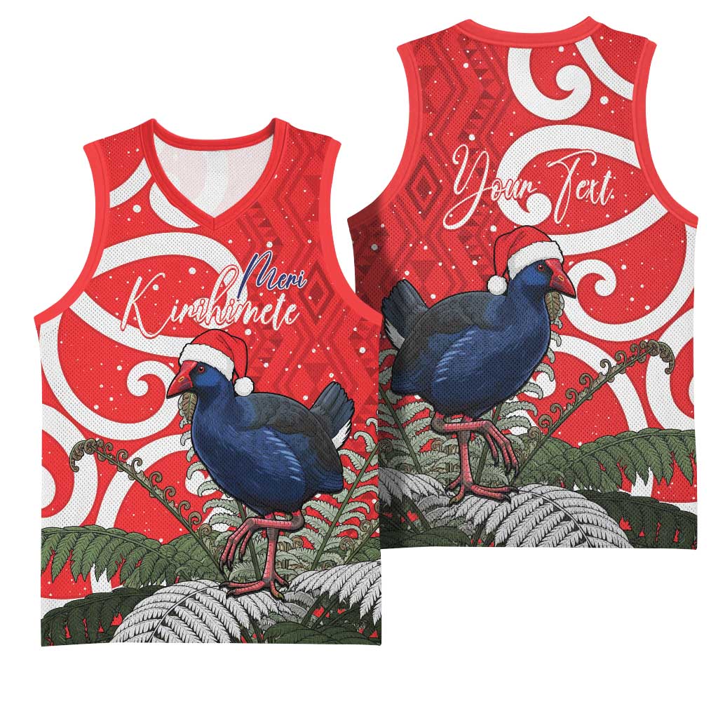 Personalized New Zealand Pukeko Christmas Basketball Jersey Meri Kirihimete Taniko Ponga Koru Red - Polynesian Pride