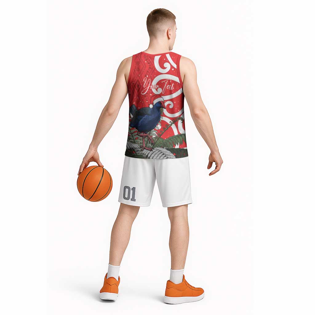 Personalized New Zealand Pukeko Christmas Basketball Jersey Meri Kirihimete Taniko Ponga Koru Red - Polynesian Pride