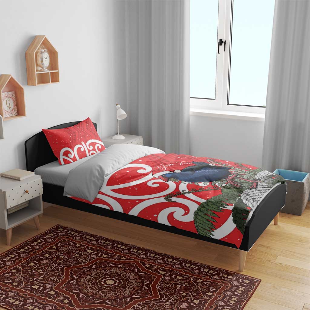 Personalized New Zealand Pukeko Christmas Bedding Set Meri Kirihimete Taniko Ponga Koru Red - Polynesian Pride