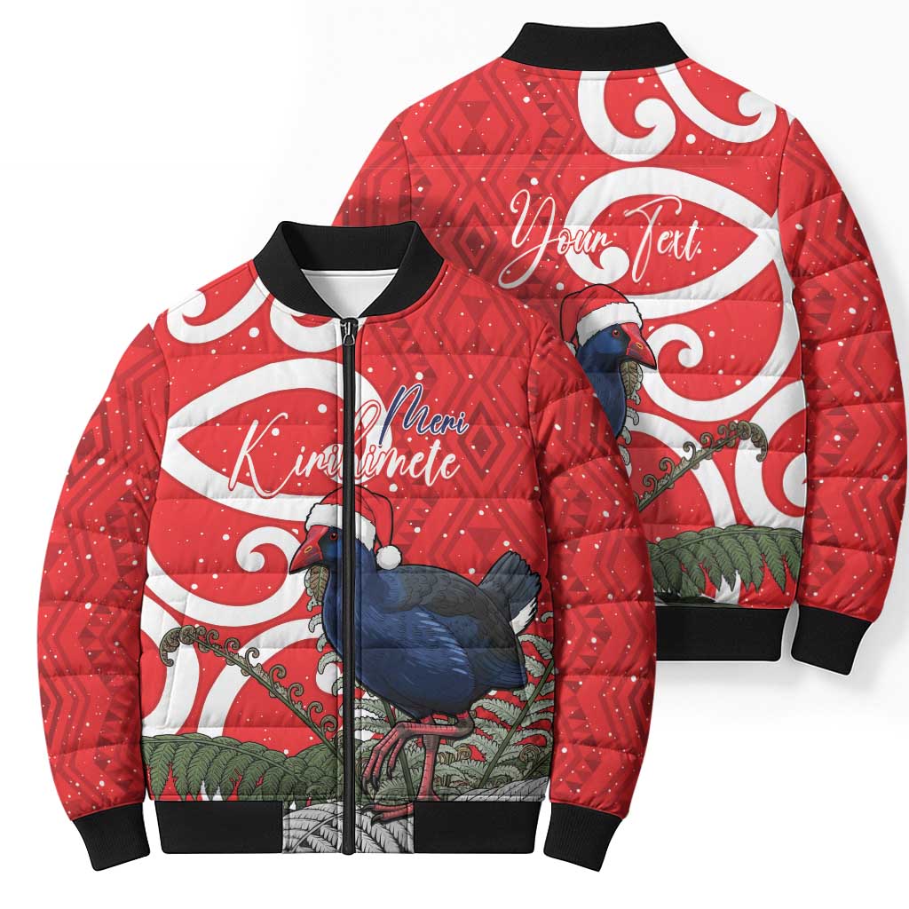Personalized New Zealand Pukeko Christmas Bomber Puffer Jacket Meri Kirihimete Taniko Ponga Koru Red - Polynesian Pride