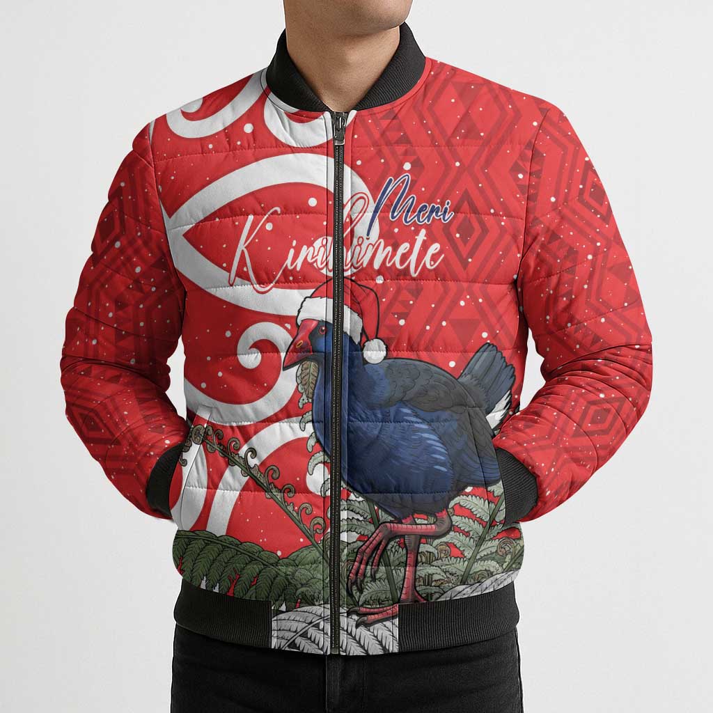 Personalized New Zealand Pukeko Christmas Bomber Puffer Jacket Meri Kirihimete Taniko Ponga Koru Red - Polynesian Pride