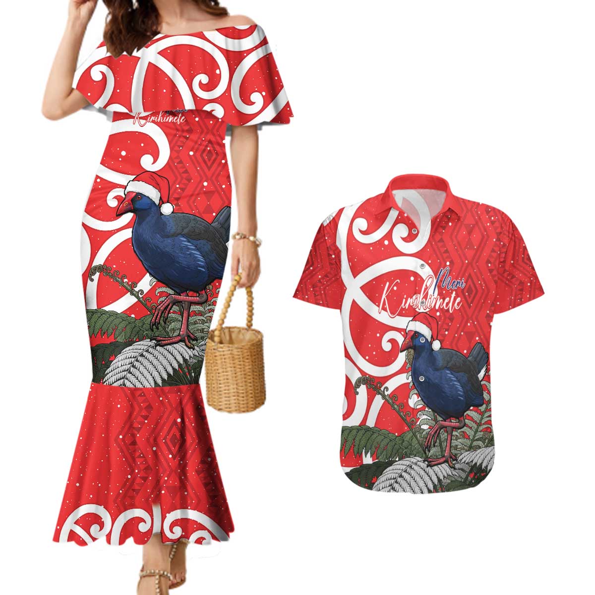 Personalized New Zealand Pukeko Christmas Couples Matching Mermaid Dress and Hawaiian Shirt Meri Kirihimete Taniko Ponga Koru Red - Polynesian Pride