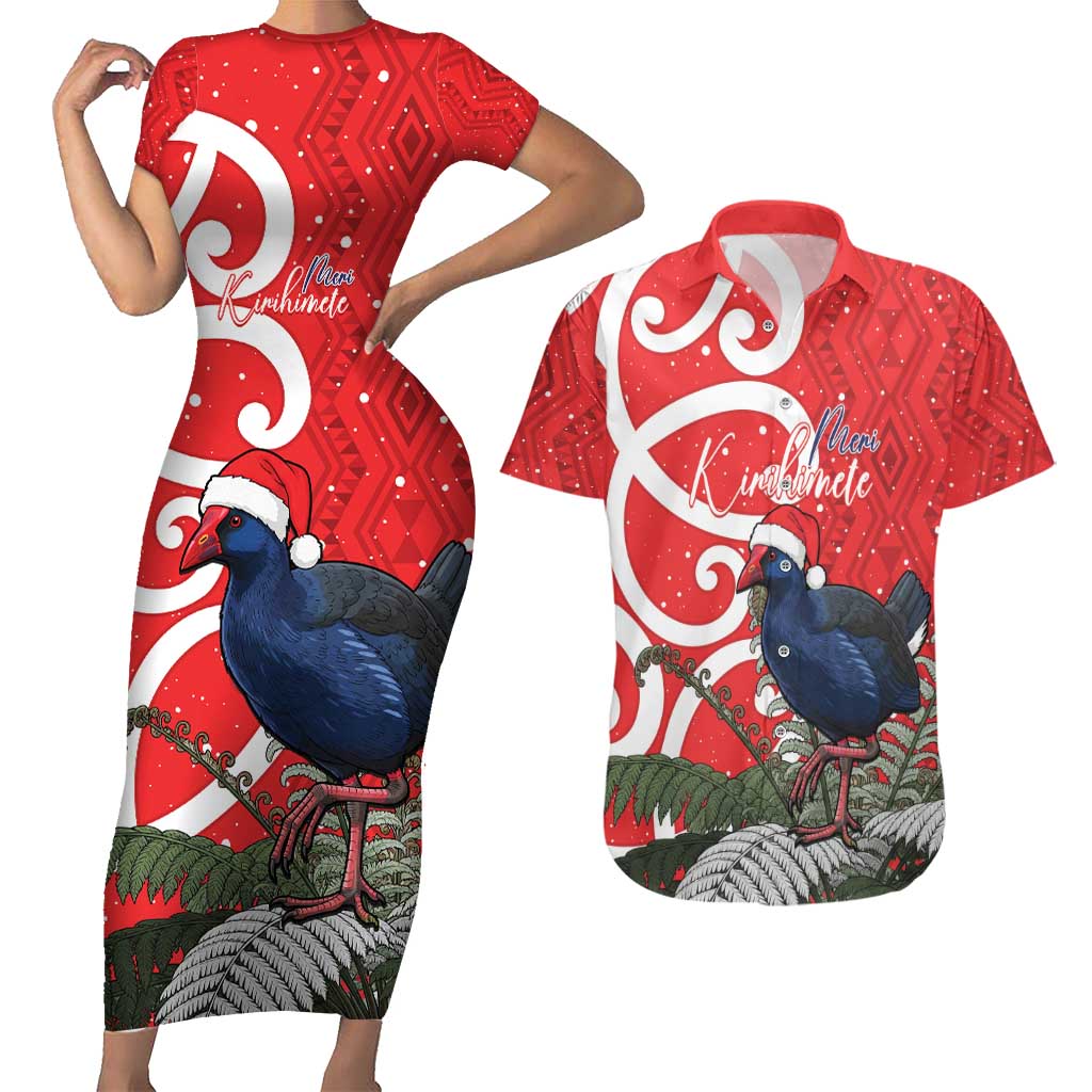 Personalized New Zealand Pukeko Christmas Couples Matching Short Sleeve Bodycon Dress and Hawaiian Shirt Meri Kirihimete Taniko Ponga Koru Red - Polynesian Pride