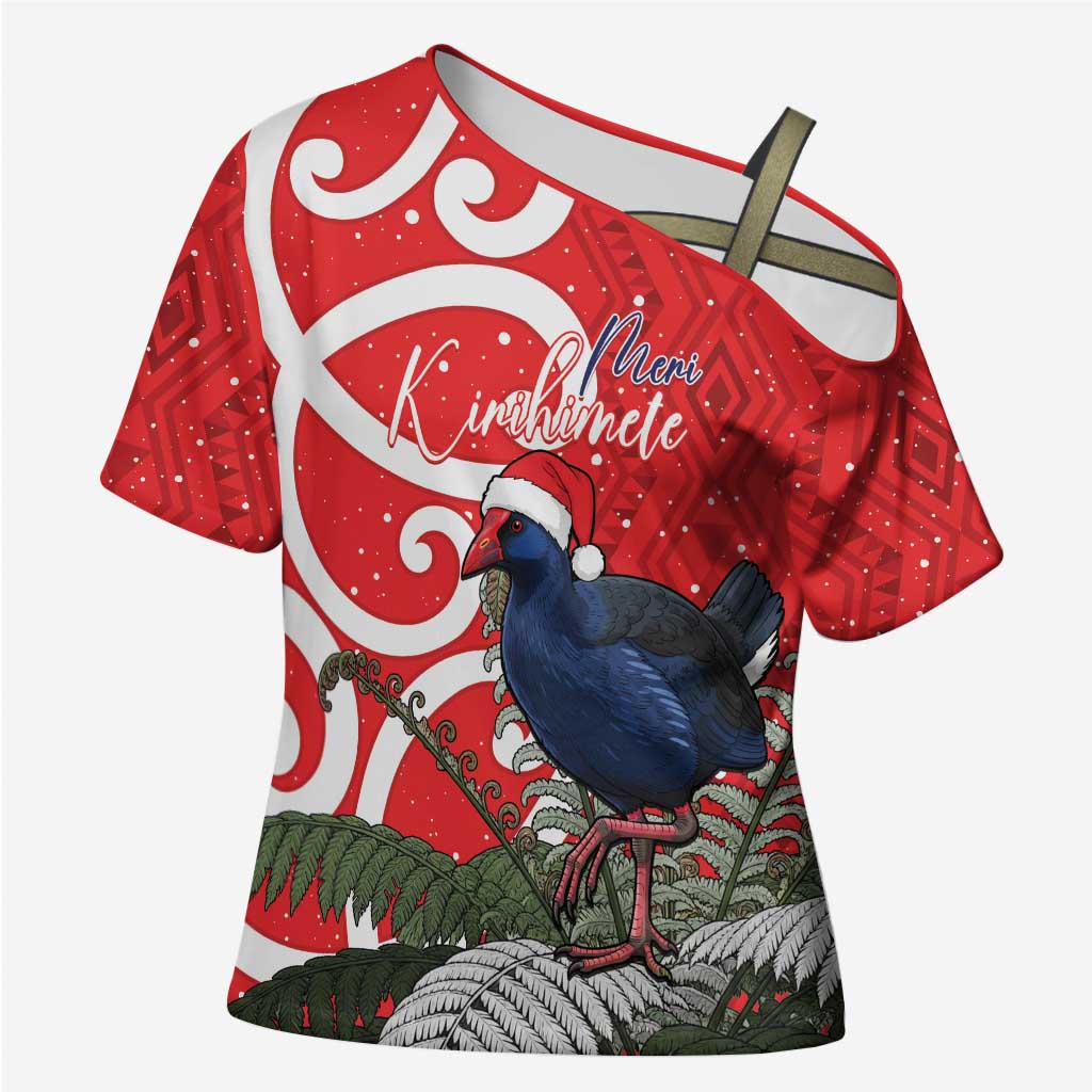 Personalized New Zealand Pukeko Christmas Cross Shoulder Shirt Meri Kirihimete Taniko Ponga Koru Red - Polynesian Pride