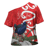 Personalized New Zealand Pukeko Christmas Cross Shoulder Shirt Meri Kirihimete Taniko Ponga Koru Red - Polynesian Pride