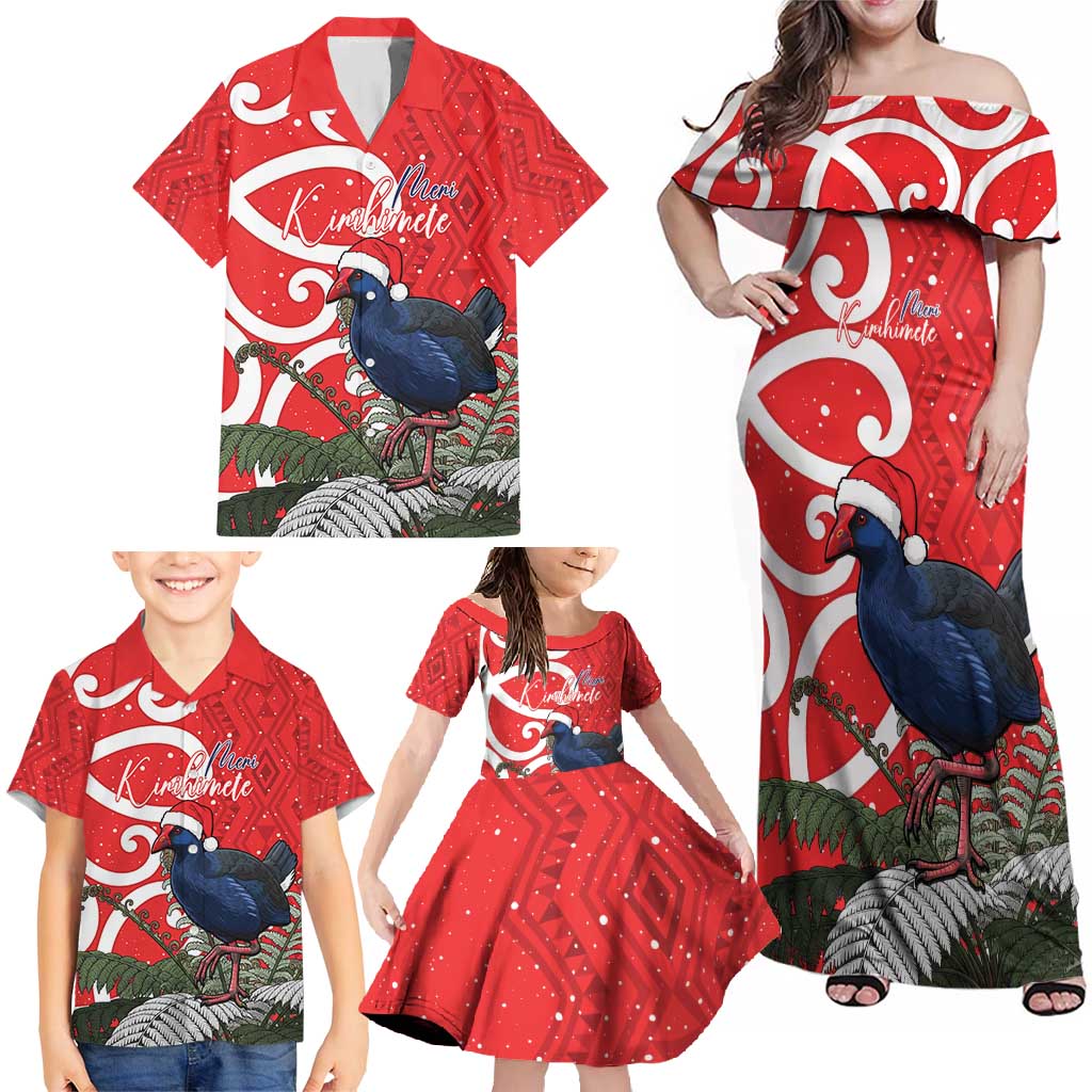 Personalized New Zealand Pukeko Christmas Family Matching Off Shoulder Maxi Dress and Hawaiian Shirt Meri Kirihimete Taniko Ponga Koru Red - Polynesian Pride