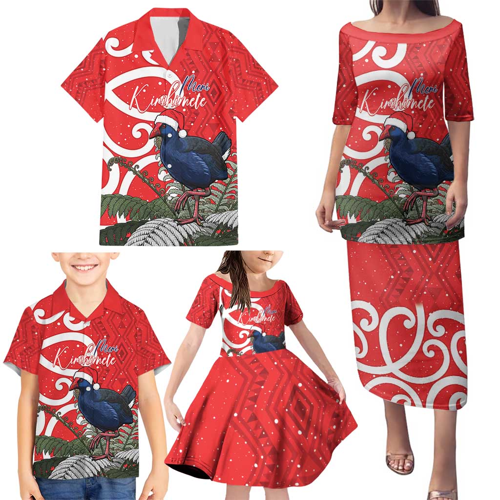 Personalized New Zealand Pukeko Christmas Family Matching Puletasi and Hawaiian Shirt Meri Kirihimete Taniko Ponga Koru Red - Polynesian Pride