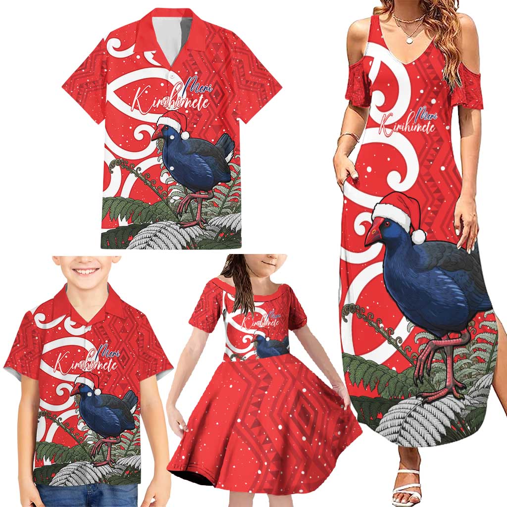 Personalized New Zealand Pukeko Christmas Family Matching Summer Maxi Dress and Hawaiian Shirt Meri Kirihimete Taniko Ponga Koru Red - Polynesian Pride