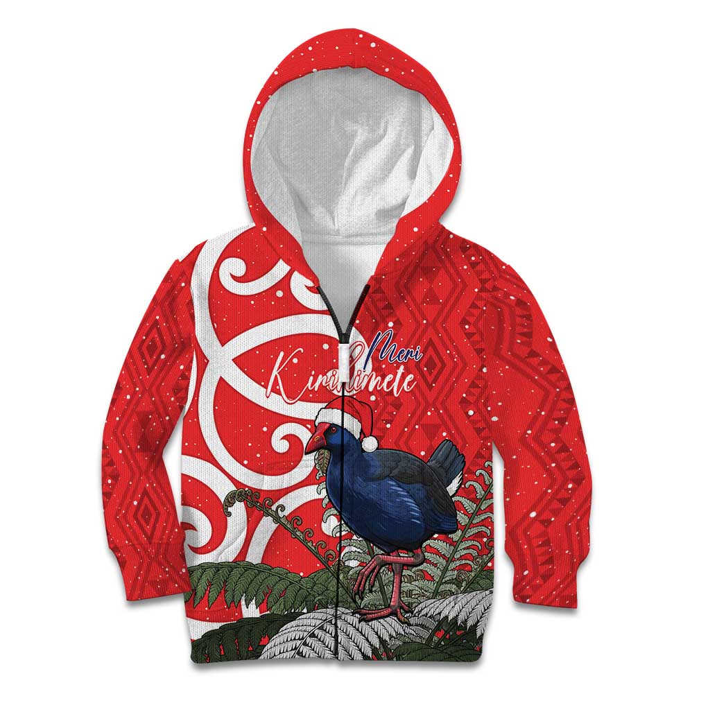Personalized New Zealand Pukeko Christmas Kid Hoodie Meri Kirihimete Taniko Ponga Koru Red - Polynesian Pride