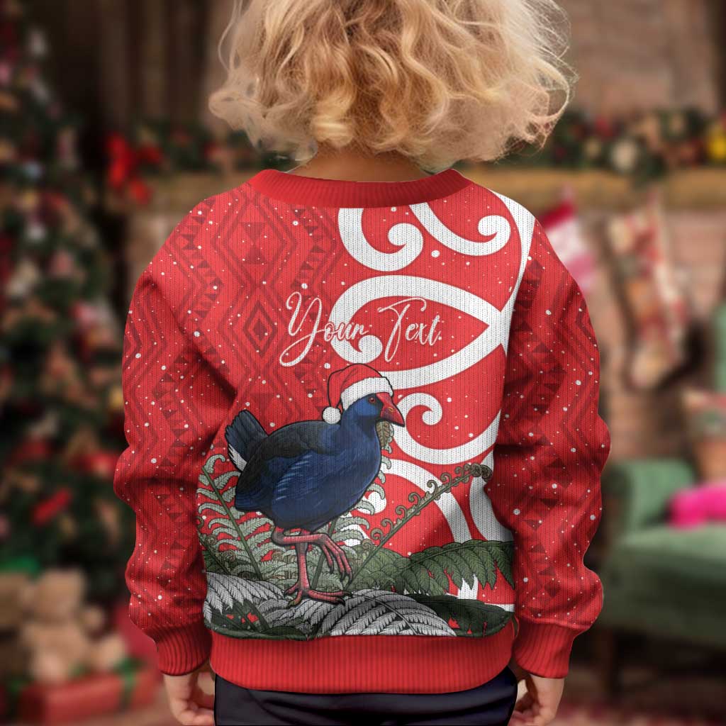 Personalized New Zealand Pukeko Christmas Kid Ugly Christmas Sweater Meri Kirihimete Taniko Ponga Koru Red - Polynesian Pride