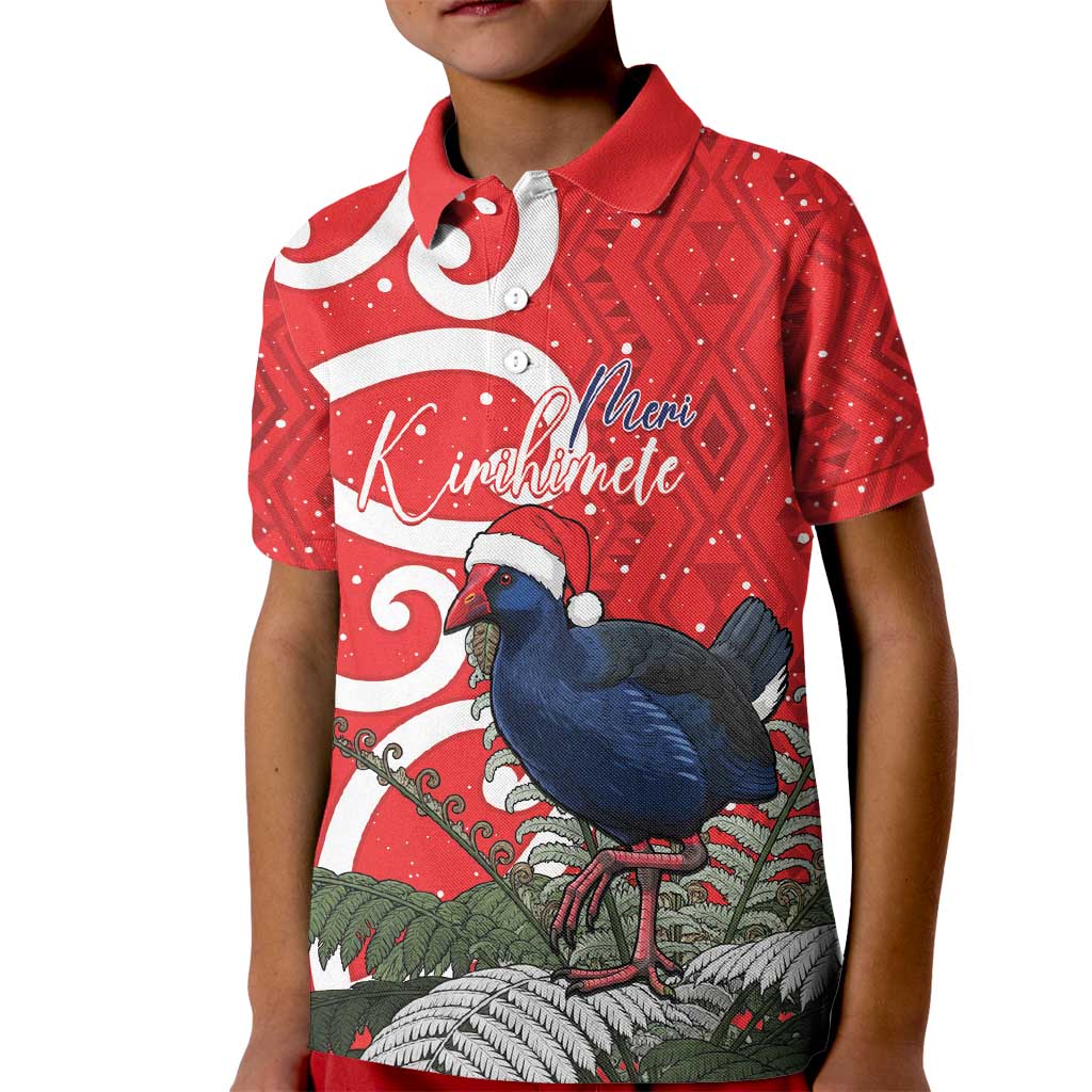 Personalized New Zealand Pukeko Christmas Kid Polo Shirt Meri Kirihimete Taniko Ponga Koru Red - Polynesian Pride