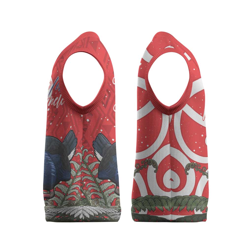 Personalized New Zealand Pukeko Christmas Knitted V-Neck Vest Meri Kirihimete Taniko Ponga Koru Red - Polynesian Pride