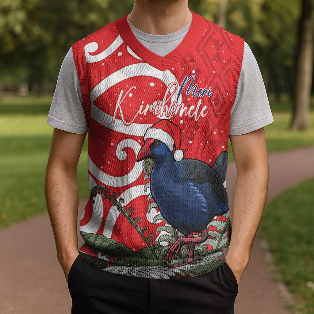 Personalized New Zealand Pukeko Christmas Knitted V-Neck Vest Meri Kirihimete Taniko Ponga Koru Red - Polynesian Pride