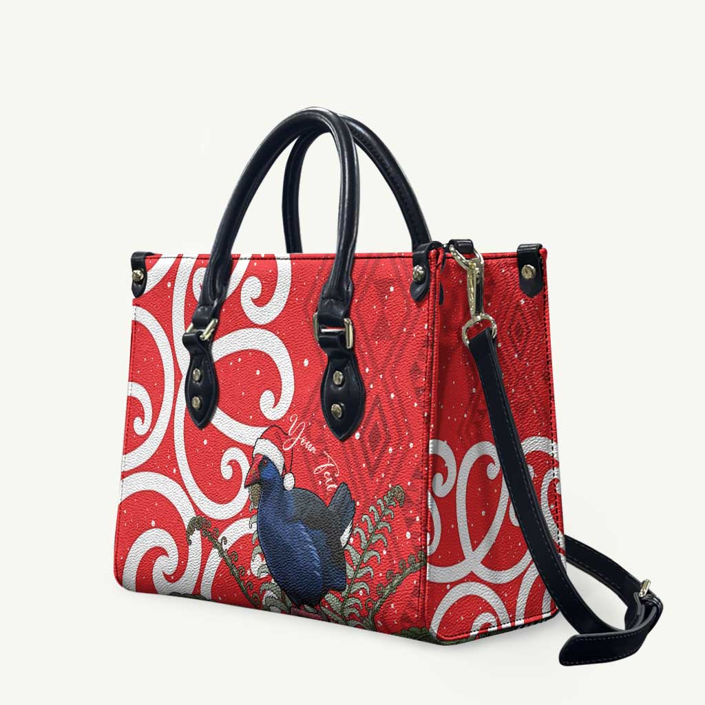 Personalized New Zealand Pukeko Christmas Leather Bag Meri Kirihimete Taniko Ponga Koru Red - Polynesian Pride