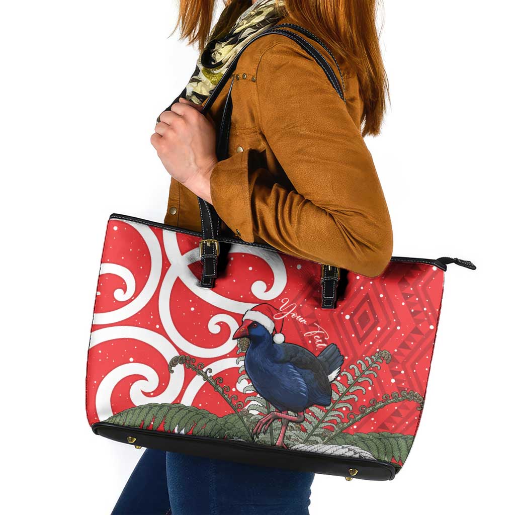Personalized New Zealand Pukeko Christmas Leather Tote Bag Meri Kirihimete Taniko Ponga Koru Red - Polynesian Pride
