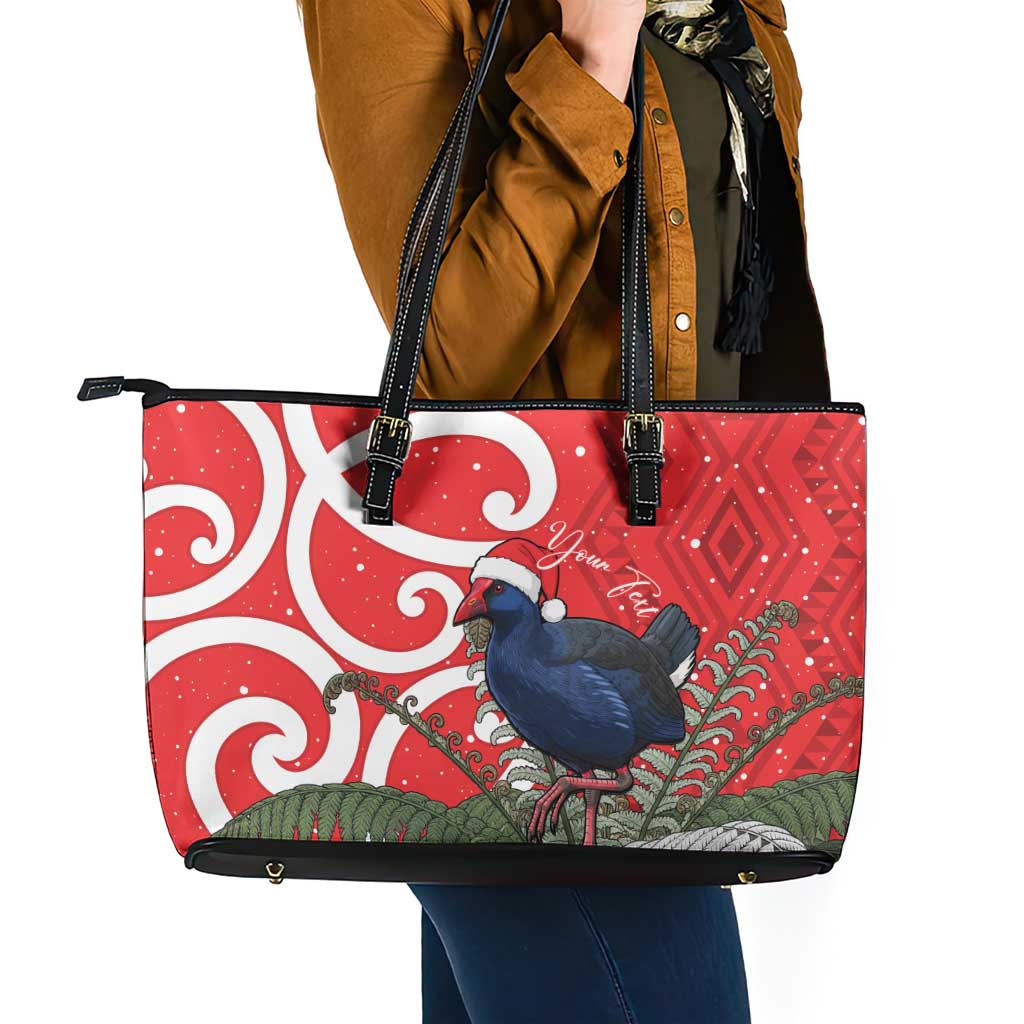 Personalized New Zealand Pukeko Christmas Leather Tote Bag Meri Kirihimete Taniko Ponga Koru Red - Polynesian Pride
