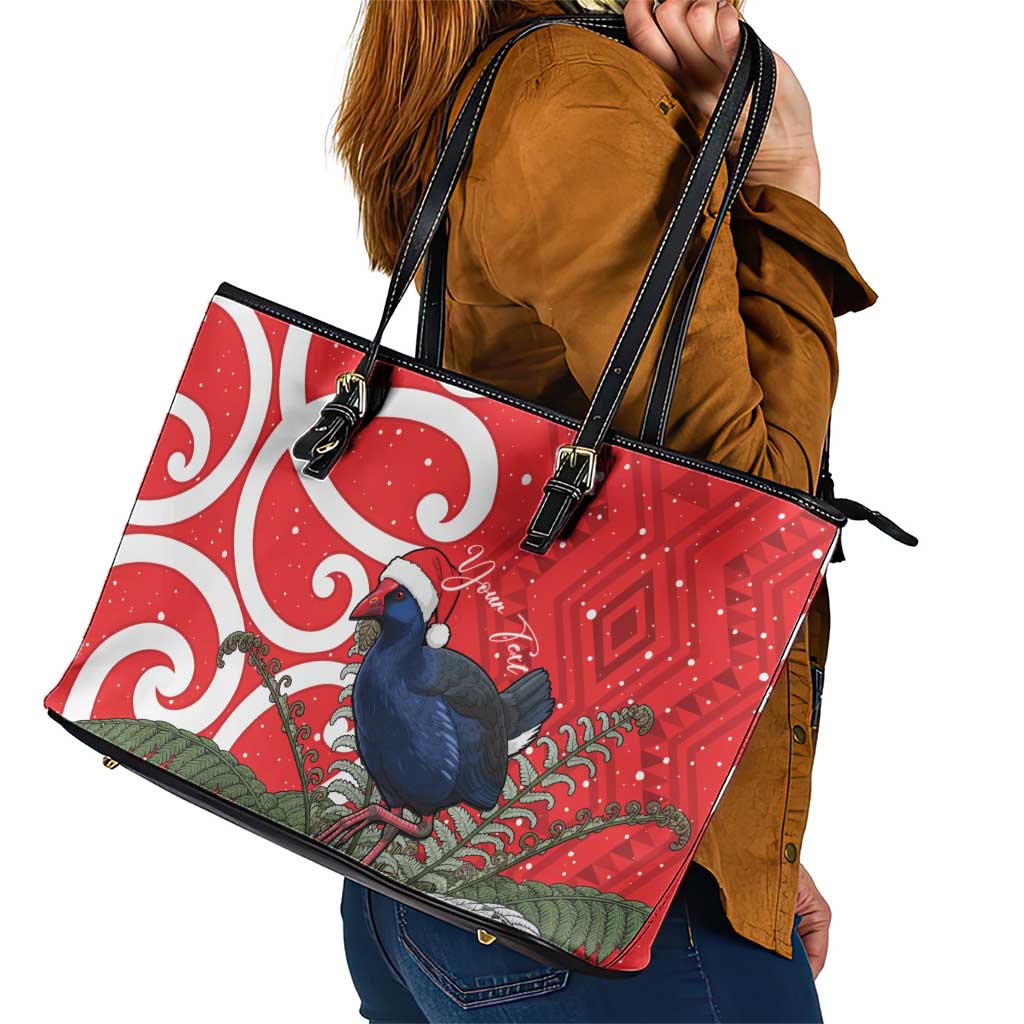 Personalized New Zealand Pukeko Christmas Leather Tote Bag Meri Kirihimete Taniko Ponga Koru Red - Polynesian Pride