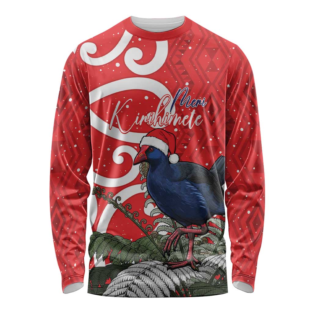 Personalized New Zealand Pukeko Christmas Long Sleeve Shirt Meri Kirihimete Taniko Ponga Koru Red - Polynesian Pride