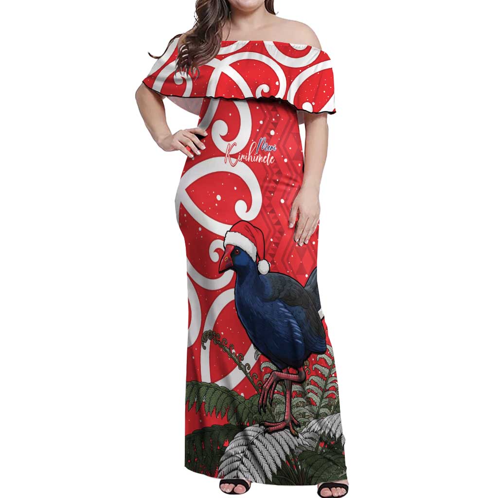 Personalized New Zealand Pukeko Christmas Off Shoulder Maxi Dress Meri Kirihimete Taniko Ponga Koru Red - Polynesian Pride