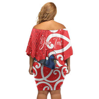 Personalized New Zealand Pukeko Christmas Off Shoulder Short Dress Meri Kirihimete Taniko Ponga Koru Red - Polynesian Pride
