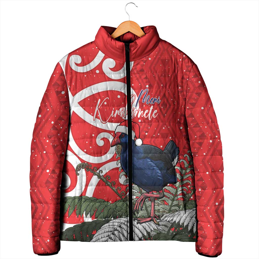 Personalized New Zealand Pukeko Christmas Padded Jacket Meri Kirihimete Taniko Ponga Koru Red - Polynesian Pride