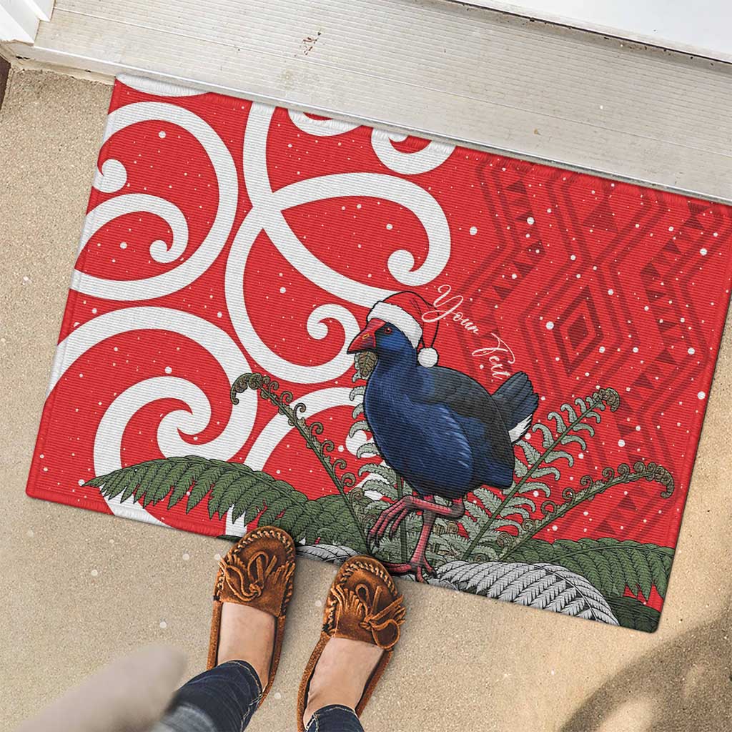 Personalized New Zealand Pukeko Christmas Rubber Doormat Meri Kirihimete Taniko Ponga Koru Red - Polynesian Pride