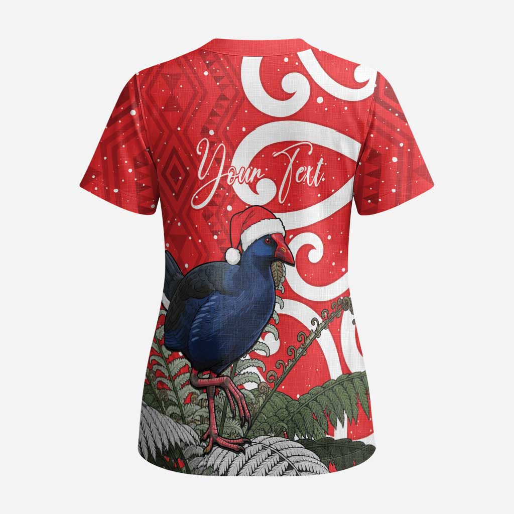 Personalized New Zealand Pukeko Christmas Scrub Top Meri Kirihimete Taniko Ponga Koru Red - Polynesian Pride