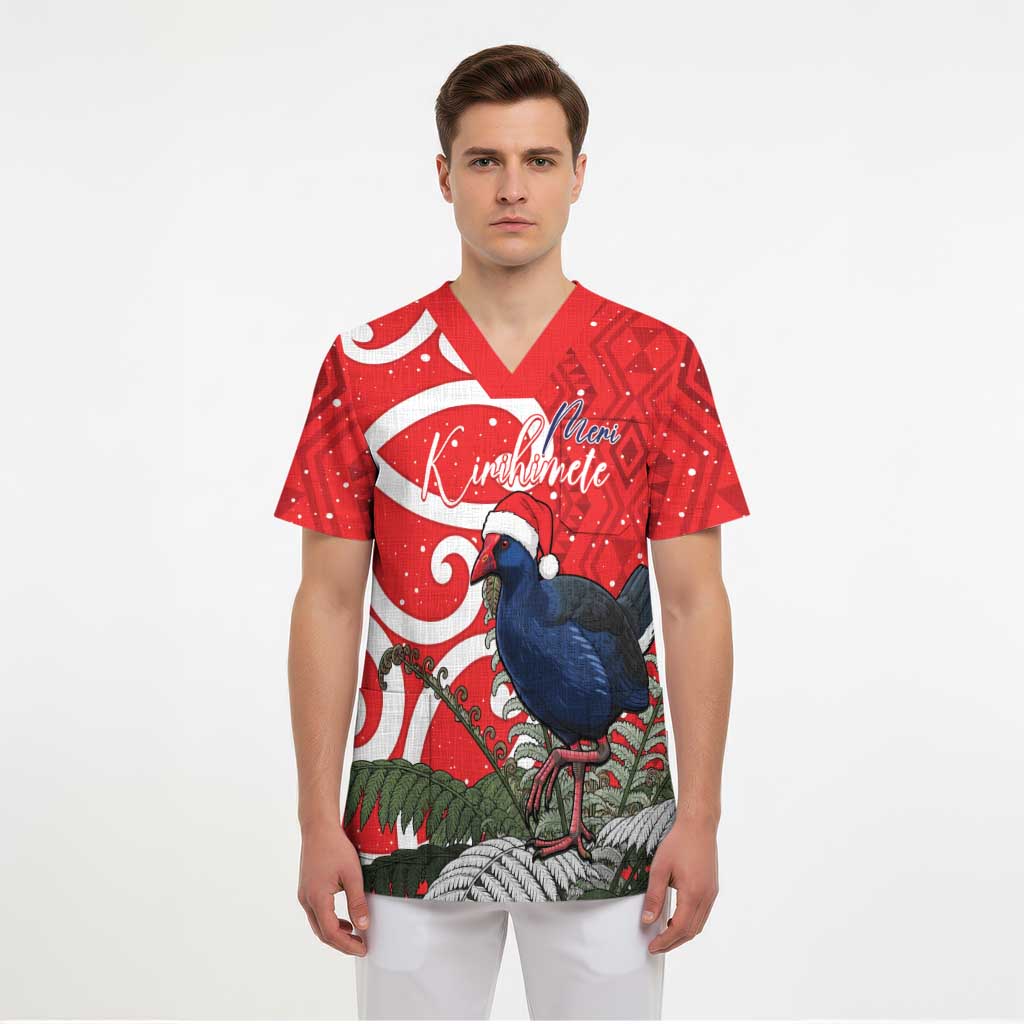 Personalized New Zealand Pukeko Christmas Scrub Top Meri Kirihimete Taniko Ponga Koru Red - Polynesian Pride