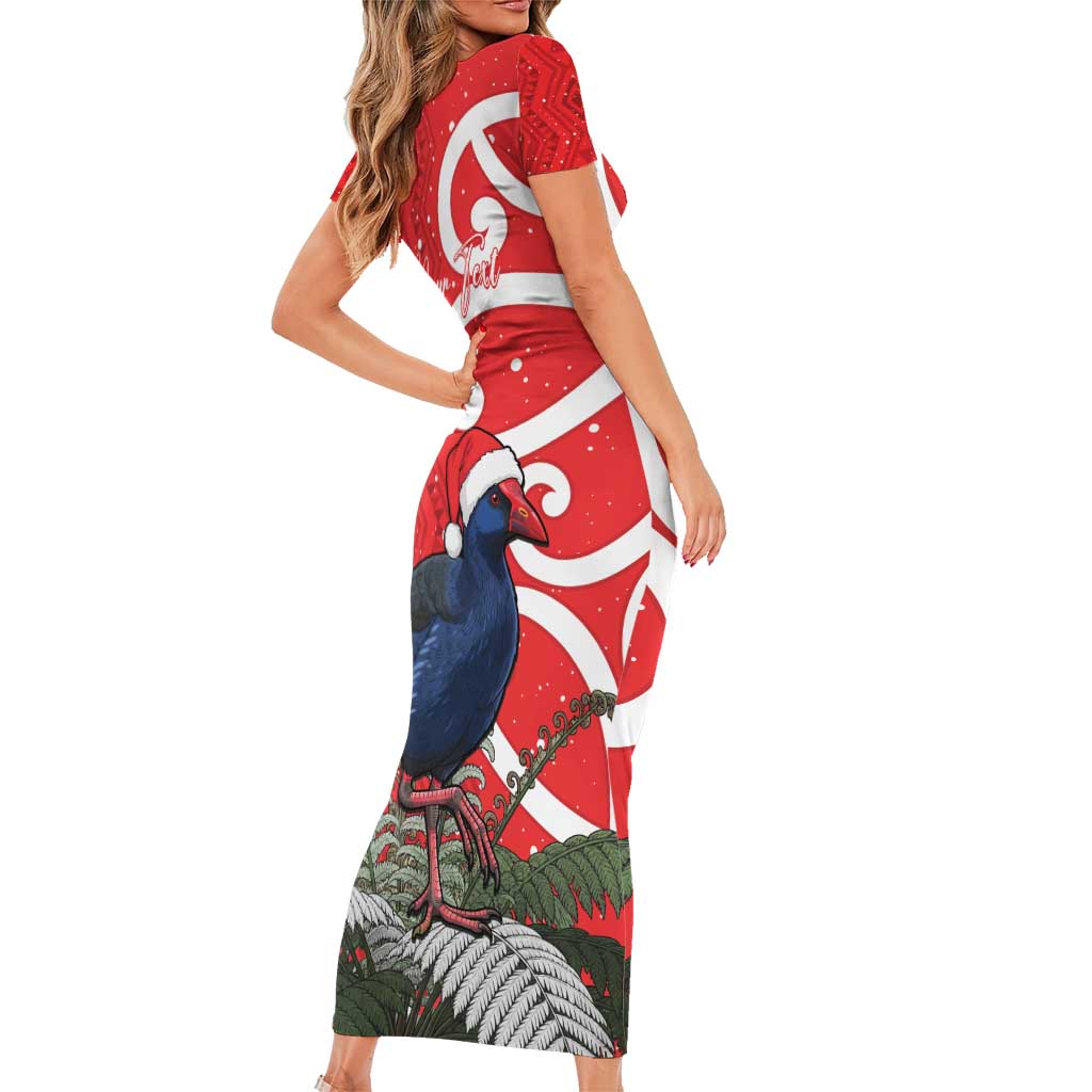 Personalized New Zealand Pukeko Christmas Short Sleeve Bodycon Dress Meri Kirihimete Taniko Ponga Koru Red - Polynesian Pride